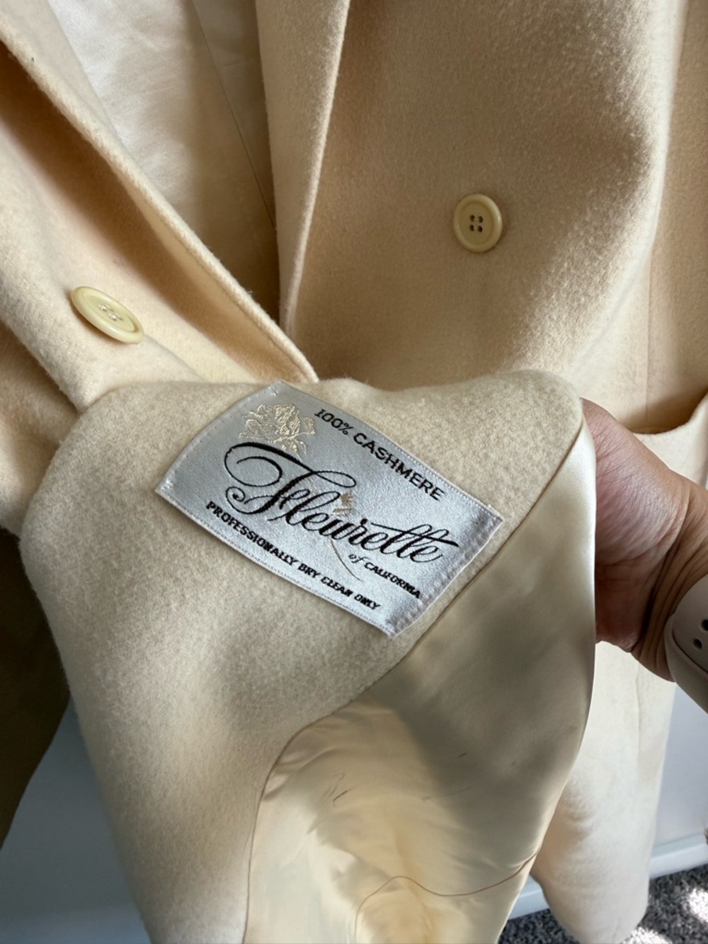 Vtg 90s Fleurette of California 100% Cashmere Cream Long Coat Double Breasted L - Picture 4 of 6
